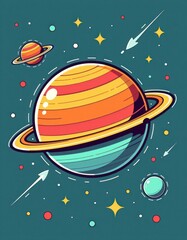 Naklejka premium Vibrant Retro Styled Planet with Rings Stars and Shooting Stars in Space
