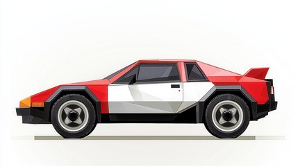 Fototapeta premium A vibrant low poly anime-style sports car, designed for intense street racing, showcases a red and white geometric design, perfectly captu the thrill of illegal underground