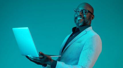 Smiling African American Man with Laptop in Neon Light