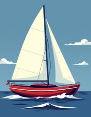 Fototapeta premium Red Sailboat Sailing on Calm Ocean Waters Under Blue Sky with Clouds