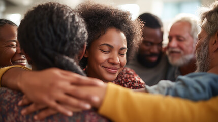 Volunteers Embracing in a Food Bank Charity Center
