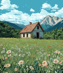 Fototapeta premium Vibrant Anime-Inspired Countryside Scene: Old Cottage Surrounded by Wildflowers and Distant Peaks. Printmaking-style digital artwork with meticulous details, vivid hues, and a balanced panoramic view 