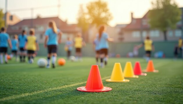 Children training soccer on field. Cones markers on artificial grass. Blurred group of kids playing with balls. Focus on foreground. Evening sunlight, outdoor sport game.
