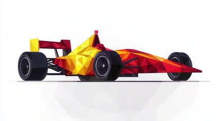 A vibrant low poly design showcases an ultra-fast dragster race car, its fiery red and yellow geometric shapes suggesting incredible speed and power on a white background.
