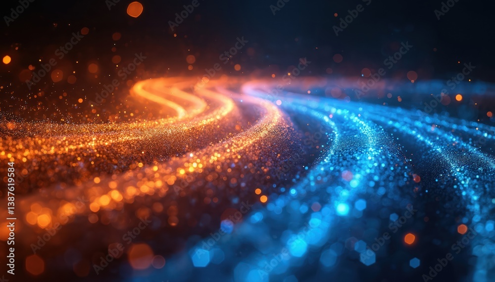 Poster abstract illustration with trails of light in blue, orange colors on black background. digital artwo