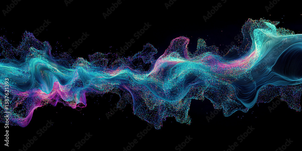 Aufkleber Abstract image of flowing, multicolored particles on black background, creating a dynamic and vibrant design, suitable for digital art, technology, or energy concepts