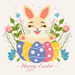 easter card with bunny and easter eggs. Easter grreeting card. Vector illustration.