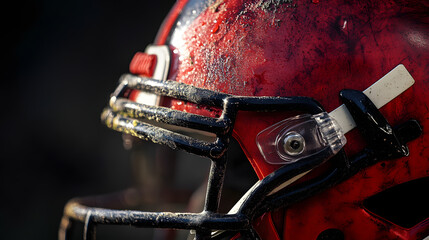 A football helmet with a red and black design