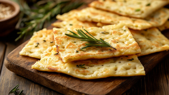 A delicious chickpea pancake farinata featuring aromatic rosemary, is beautifully plated as a savory, gluten-free meal. AI generative