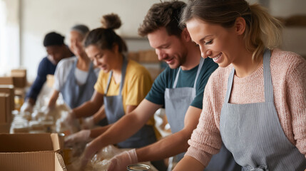 Young volunteers sorting food donations for charity food drive