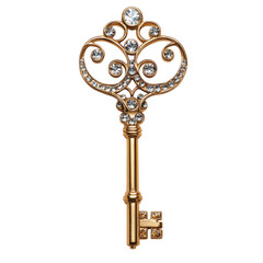 Unique Ornate Golden Key With Sparkling Details on a White Background Evoking Elegance and Mystery, on the transparent background