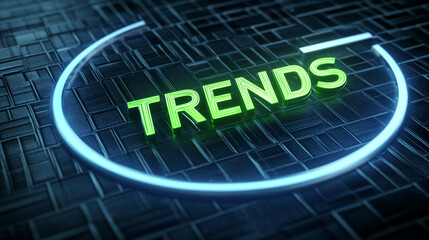 Neon green TRENDS word in a glowing blue circle on a dark textured background, showcasing current trends, innovation, and progress in a modern, technological context