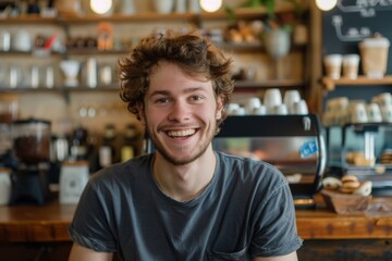 Obraz premium Portrait of a smiling young Caucasian man in a coffee shop