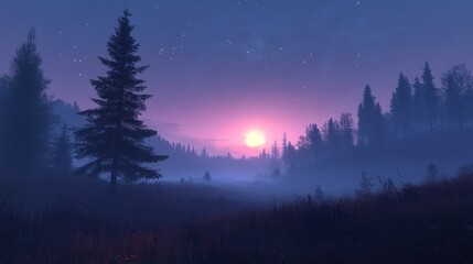 Fototapeta premium Misty forest at twilight with a large, bright sun rising.