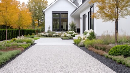 Obraz premium Modern, elegant exterior design with a paved walkway leading to a white farmhouse. Landscaped garden beds showcasing various plants and shrubs