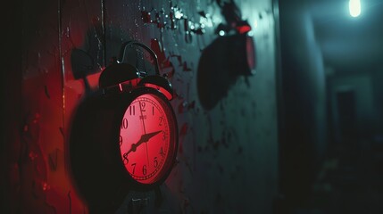 A dark and mysterious room with a single clock on the wall. The clock is illuminated by a red light, which gives the scene a feeling of suspense.