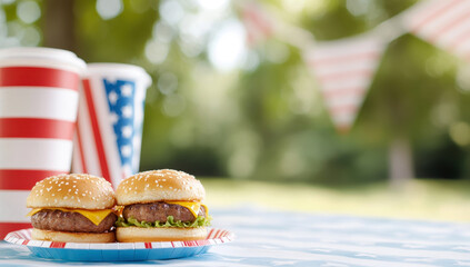 American picnic table featuring cheeseburgers and patriotic decorations outdoors
