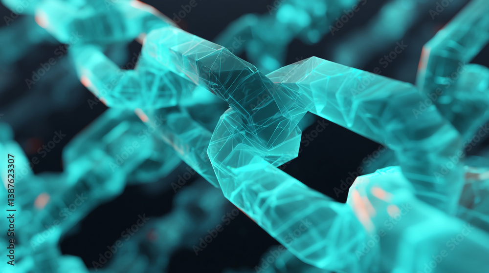 Poster a translucent teal chain link structure against a dark background in a close up view style