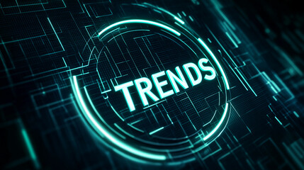 Glowing teal "Trends" word in a circular digital interface, set against a dark grid background, symbolizing technological advancement and future trends
