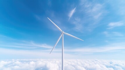 A white wind turbine stands tall against a vibrant blue sky. Fluffy white clouds fill the lower portion of the image, creating a serene composition. The image is high-resolution and well-lit, exhibi