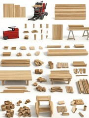 Fototapeta premium Various wooden pieces and tools arranged on a white background for crafting or construction