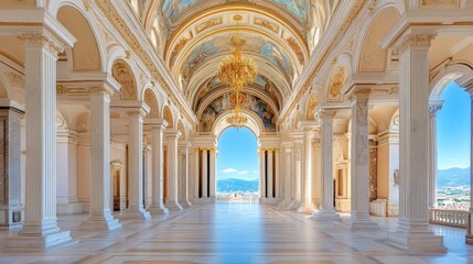 Fototapeta premium A grand Renaissance palace with golden chandeliers, luxurious marble columns, and frescoed ceilings