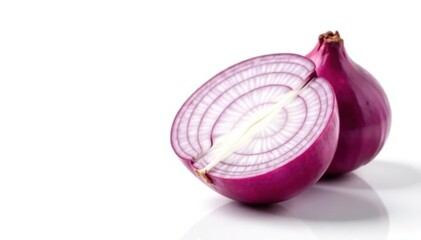 Cut red onion half, showing rings, bright white backdrop, botanical, fresh