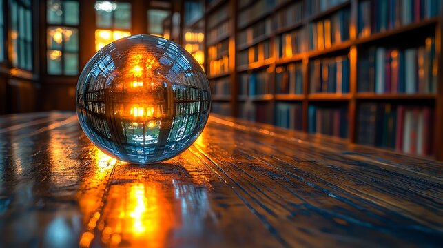 Elegant glass ball on polished wood, reflecting golden light.