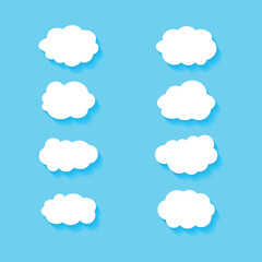 Minimalist Vector illustration of white cloudy set isolated on blue background.