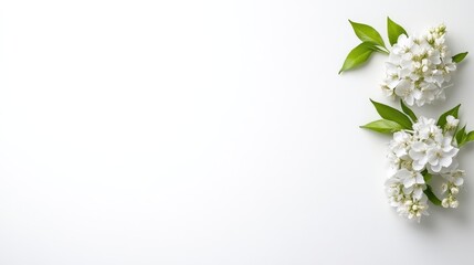 Fototapeta premium White flowers with green leaves arranged on a clean white background, minimalist composition, close-up view, and natural beauty and simplicity concept.