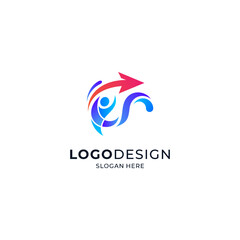 person with arrow and water for athletic development and swimming sports logo