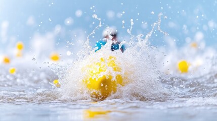 Naklejka premium Yellow kayak, splashing water, miniature