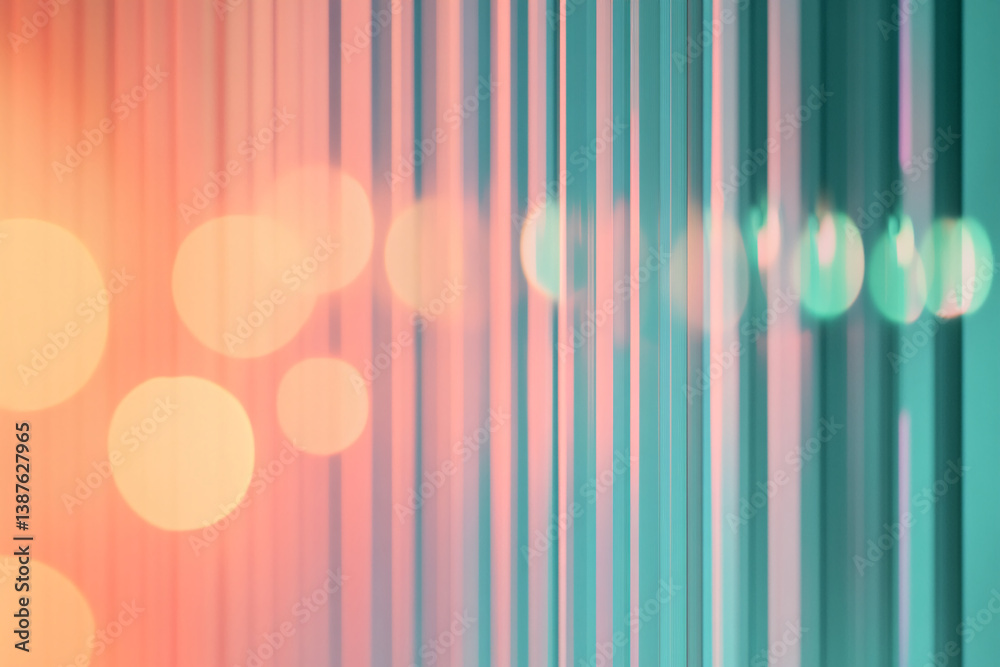 Poster abstract image of vertical, blurred lines in peach and teal hues, overlaid with bokeh lights, creati