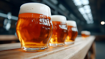 Golden Beer Glasses on Wooden Table in Brewery