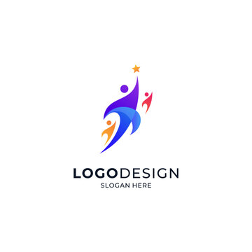 colorful people reaching for the stars for education logos, kindergartens, orphanages, and social organizations