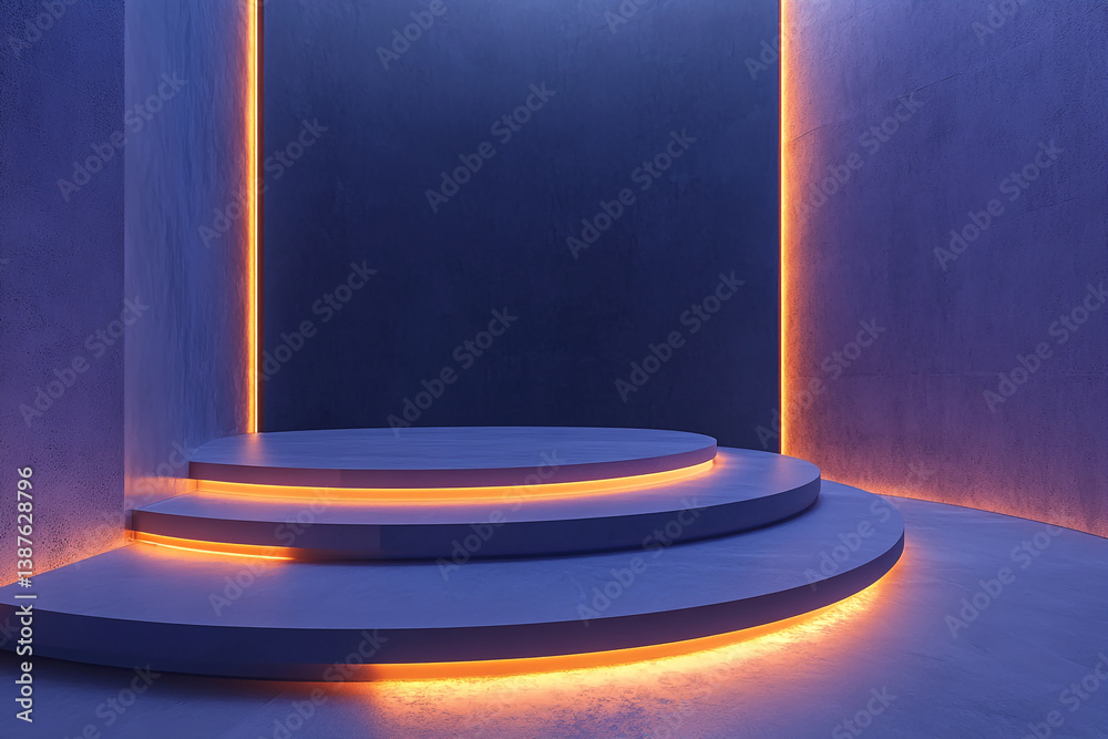 Poster circular podium with three steps, illuminated by warm orange light against a purple wall, creating a