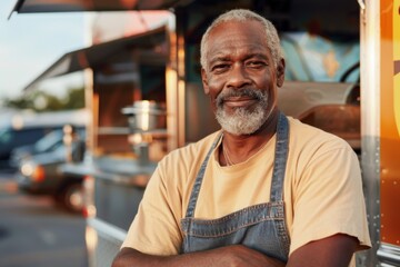 Portrait of a middle aged African American male food truck owner standing in front of his truck