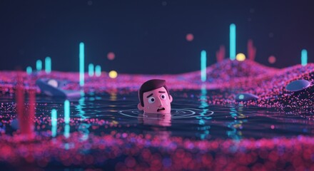 Surreal underwater landscape depicting a man swimming amidst vibrant neon lights and colorful digital particles at night