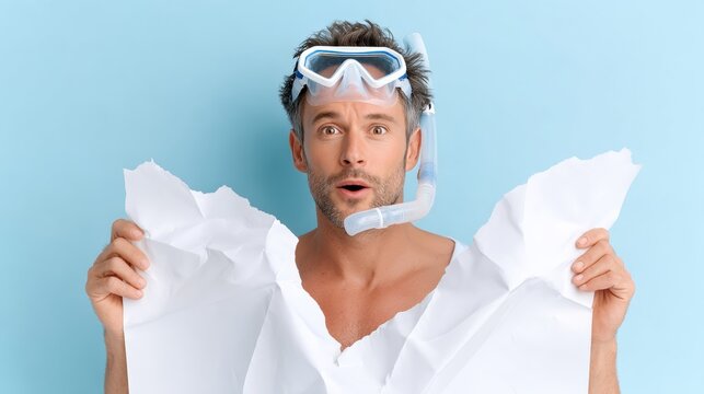 Man in a wet suit holding a piece of paper with a hole in it. He is wearing goggles and he is surprised