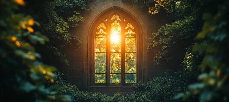 Morning sunlight from church window arch. Christian faith worship spirituality concept. Generative AI technology.	
