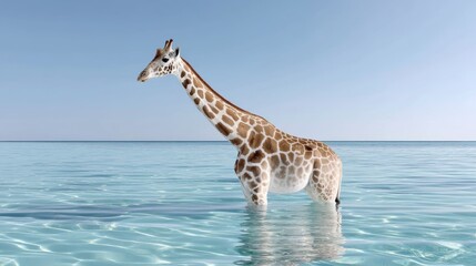 Obraz premium Giraffe is standing in the water, looking out at the ocean. The scene is peaceful and serene, with the giraffe being the only living creature in the image