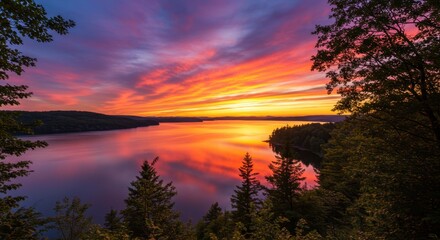 Majestic sunset over tranquil lake surrounded by lush trees and vibrant sky reflecting on calm water in the early evening