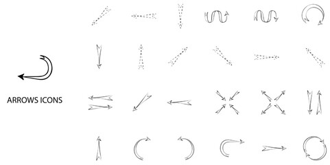 Arrows simple concept 24 hand drawn color icons set. Contains such arrow symbol, traffic arrow, cursor, moving up, simplicity, straight .Vector illustration.