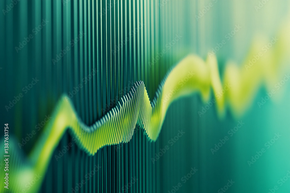 Poster Abstract image of a wave-like form in lime green, set against a teal background of vertical lines.  Suggests growth, progress, or data visualization.  Suitable for tech or finance themes