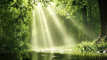 Sunlight streaming through dense forest onto a calm pond in cinematic slow motion. 4K video
