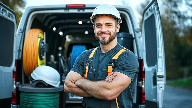 Confident electrician standing proudly next to his van with wide open back doors, showing large spools of colored wiring, toolbox drawers, and safety helmets, ready for the day's w