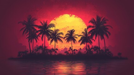 Fototapeta premium Tropical Sunset Paradise: Silhouetted Palms and Crimson Sky