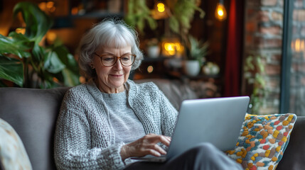 Elderly woman uses laptop while sitting on couch at home