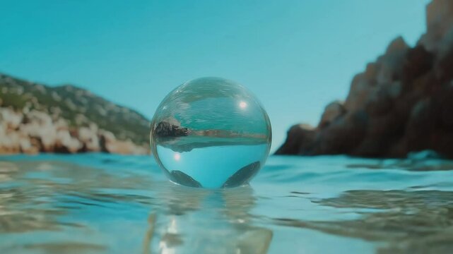 Clear Glass Globe Floating Gently in Shallow Water.