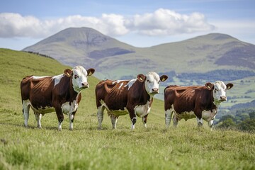 Fototapeta premium Cows grazing in green pasture landscape with mountains, livestock farming, nature, rural scenery, animal husbandry, dairy cattle, agriculture, serene environment.